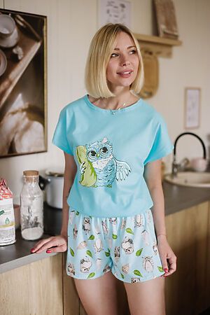 Пижама Старые бренды (Голубой+бежевые совы) ЖП 022 #687324