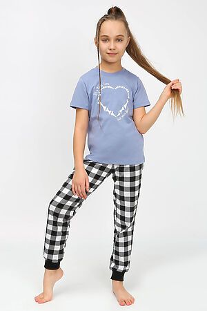 Пижама с брюками 91241 для девочки (футболка, брюки) НАТАЛИ (Голубой/черная клетка) 39782 #885616