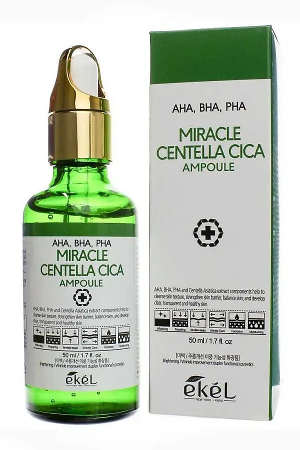 Ekel Ампульная сыворотка с кислотами / Miracle Centella Cica Ampoule (AHA, BHA, PHA) green, 50 мл KRISTALLER, зелёный - фото 2