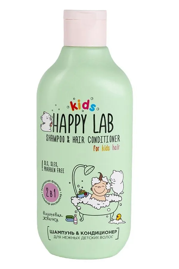 Happy Lab Kids Шампунь-кондиционер 2 в 1 для нежных детских волос / Вишневая жвачка, 300 мл KRISTALLER, зеленый - фото 2