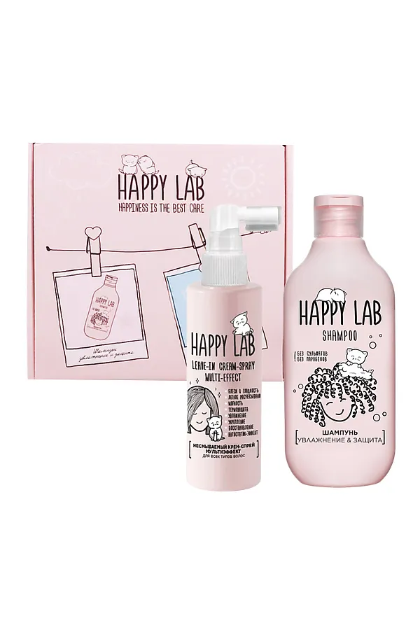 Happy Lab Набор средств для ухода за волосами / Шампунь «Увлажнение & Защита» + Крем-спрей мультиэффект, 300 мл, 200 мл KRISTALLER, розовый - фото 2