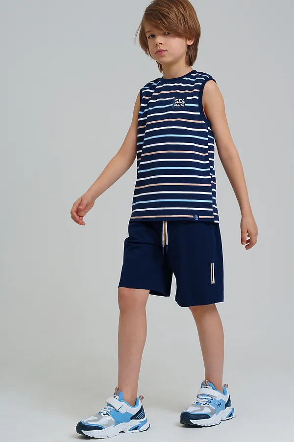 Комплект трикотажный для мальчиков: фуфайка (футболка), шорты PLAYTODAY, тёмно-синий,бежевый,белый - фото 2