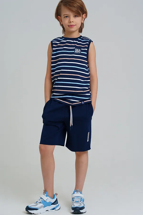 Комплект трикотажный для мальчиков: фуфайка (футболка), шорты PLAYTODAY, тёмно-синий,бежевый,белый - фото 2