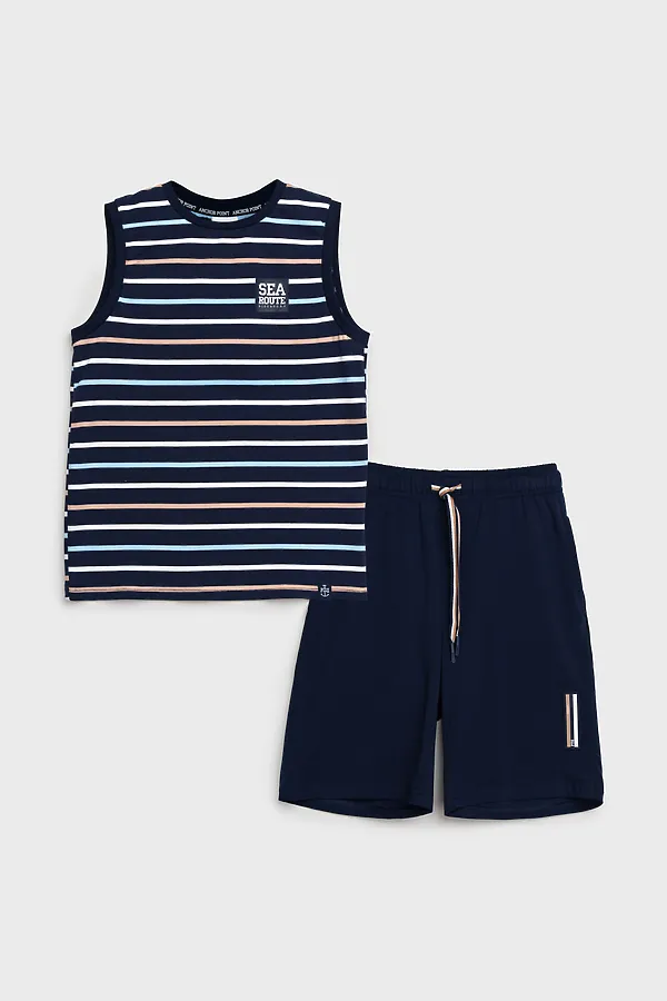 Комплект трикотажный для мальчиков: фуфайка (футболка), шорты PLAYTODAY, тёмно-синий,бежевый,белый - фото 2