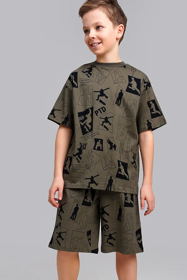 Комплект трикотажный для мальчиков: фуфайка (футболка), шорты PLAYTODAY, хаки,черный - фото 2