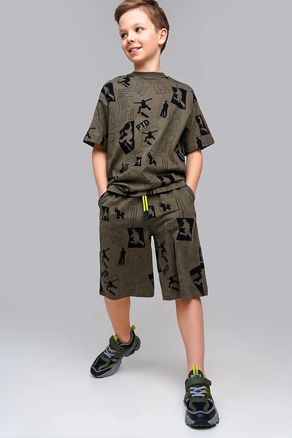 Комплект трикотажный для мальчиков: фуфайка (футболка), шорты PLAYTODAY, хаки,черный - фото 2