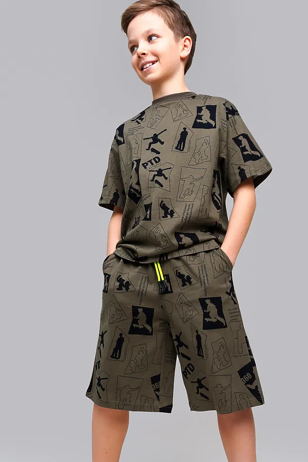Комплект трикотажный для мальчиков: фуфайка (футболка), шорты PLAYTODAY, хаки,черный - фото 2