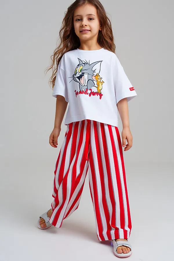 Брюки трикотажные для девочек PLAYTODAY, белый,красный - фото 2