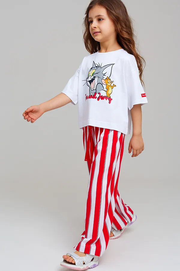 Брюки трикотажные для девочек PLAYTODAY, белый,красный - фото 2