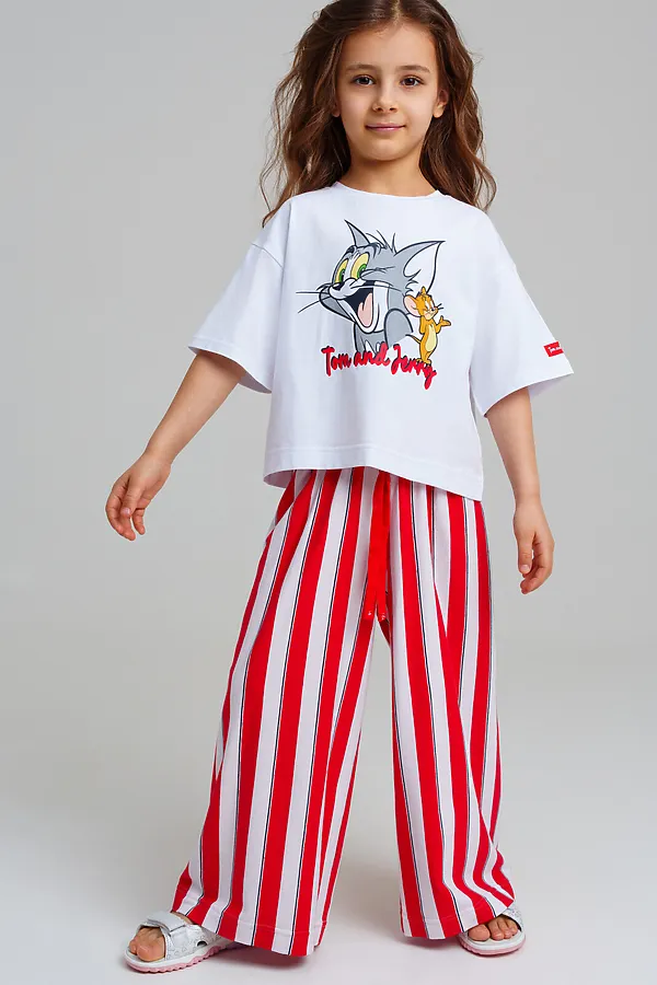 Брюки трикотажные для девочек PLAYTODAY, белый,красный - фото 2