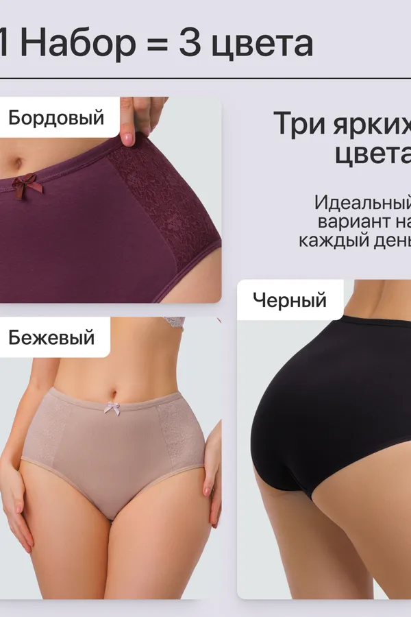 Трусы 3903 хлопковые высокие 3 шт НАТАЛИ, черн,беж,бордо - фото 2