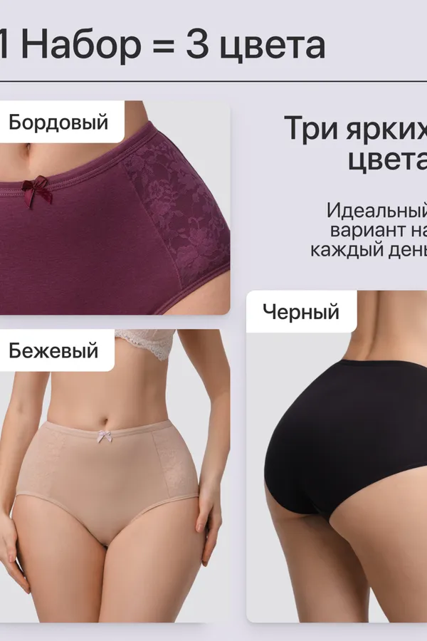 Трусы OIRO 3905 хлопковые с цветочным узором 3 шт НАТАЛИ, бежевый, бордовый, черный - фото 2