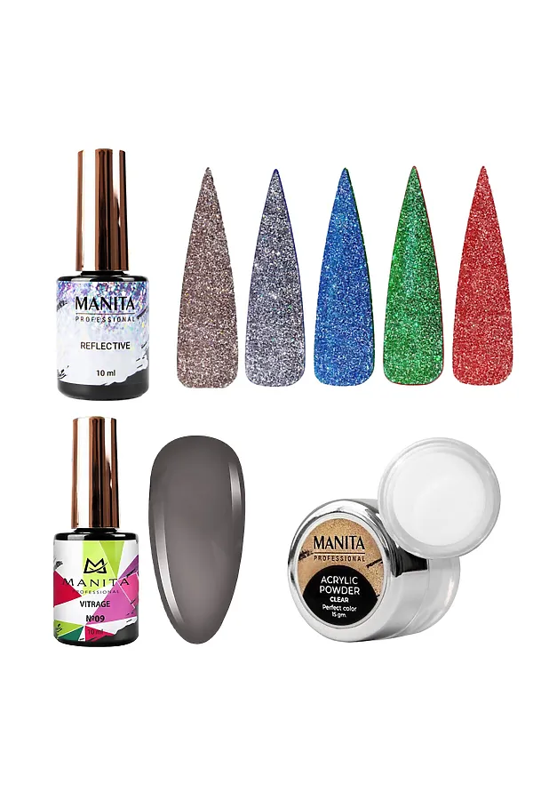 Manita Professional Набор для ногтей The best-selling: 6 гель-лаков + акриловая пудра, 10 мл х 6, 15 г KRISTALLER, микс - фото 2