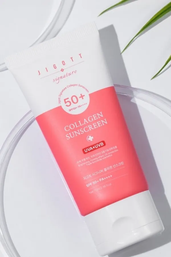 Jigott Крем для лица солнцезащитный с коллагеном / Signature Collagen Sunscreen SPF50+ PA++++, 70 мл KRISTALLER, розовый - фото 2