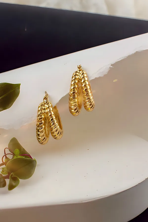 Серьги двойные кольца Рифленые + Подарок НАТАЛИ, золото - фото 2
