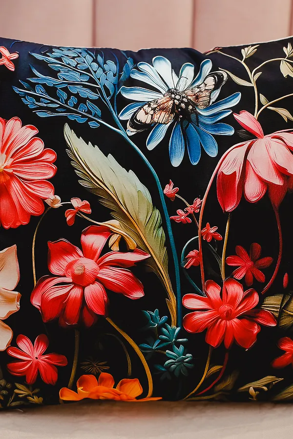 Наволочка декоративная декоративная 1 шт 3D эффект НАТАЛИ, черный+букет - фото 2