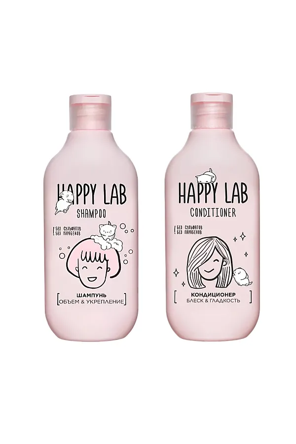 Happy Lab Набор средств для ухода за волосами / Шампунь «Объем & Укрепление» + Кондиционер «Блеск & Гладкость», 300 мл x 2 KRISTALLER, ассорти - фото 2