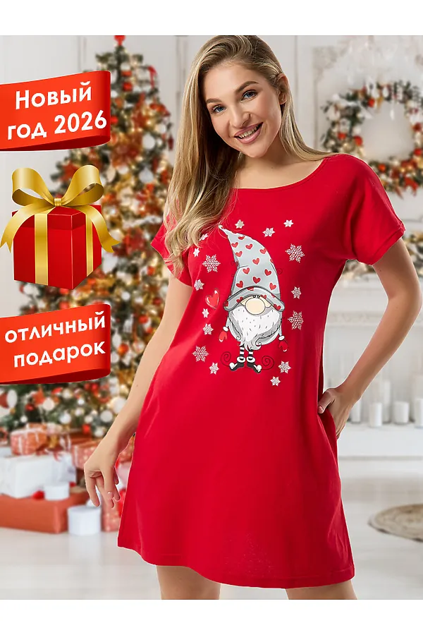 Туника новогодняя домашняя большие размеры Туж-гном НАТАЛИ, красный - фото 2