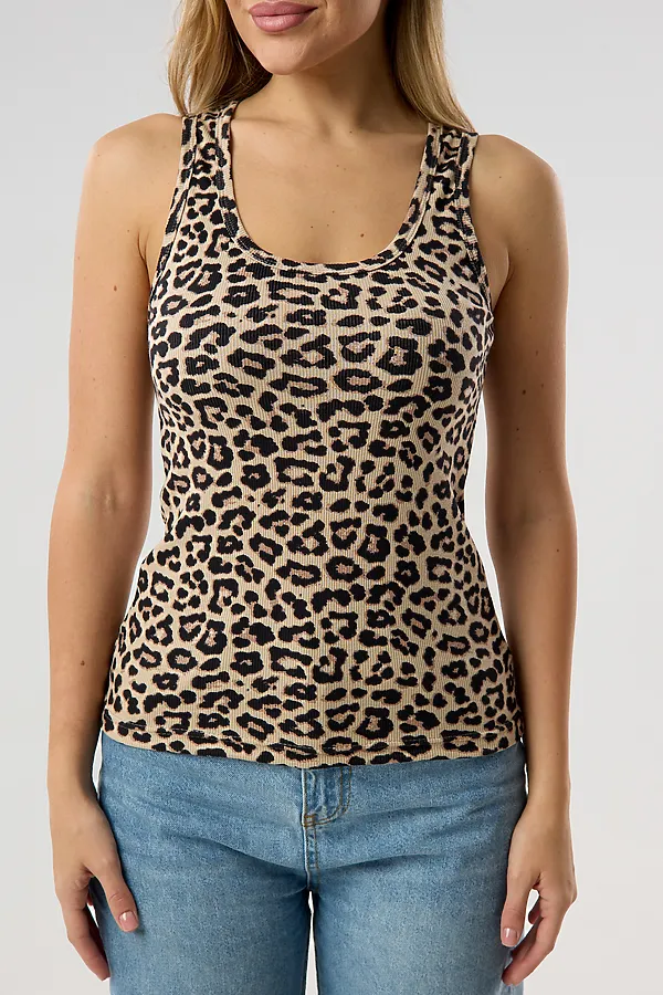 Майка базовая в рубчик леопардовая НАТАЛИ, бежевый - фото 2