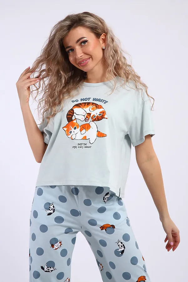 Костюм с брюками арт. КД-00-007 НАТАЛИ, бирюза/котята-горошки - фото 2