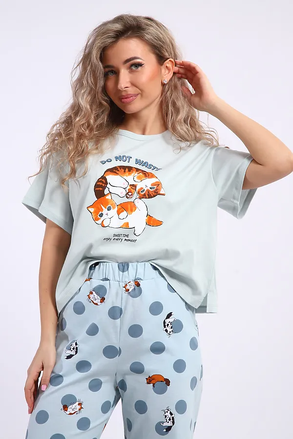 Костюм с брюками арт. КД-00-007 НАТАЛИ, бирюза/котята-горошки - фото 2