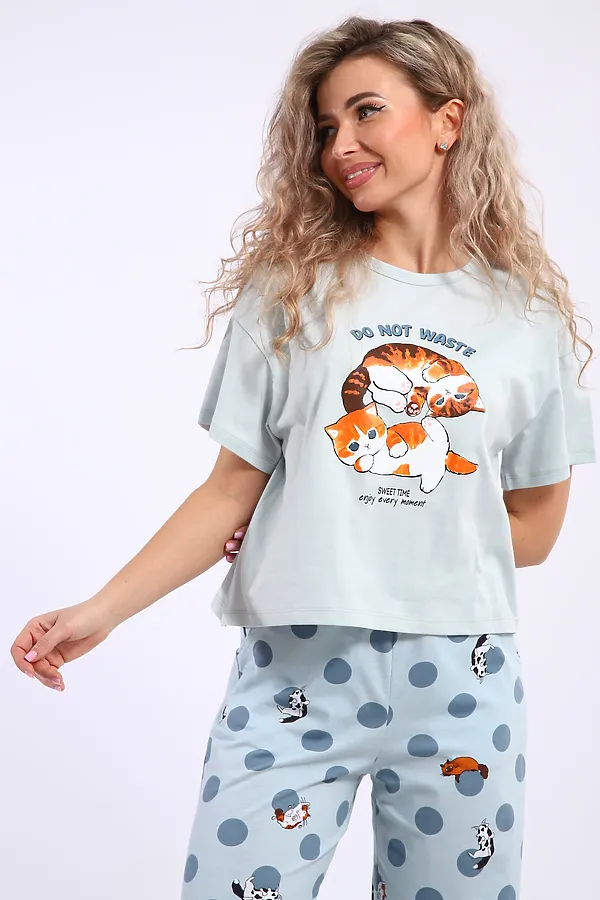 Костюм с брюками арт. КД-00-007 НАТАЛИ, бирюза/котята-горошки - фото 2