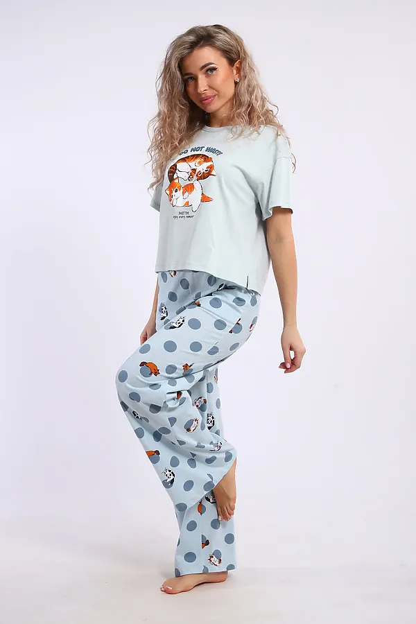 Костюм с брюками арт. КД-00-007 НАТАЛИ, бирюза/котята-горошки - фото 2