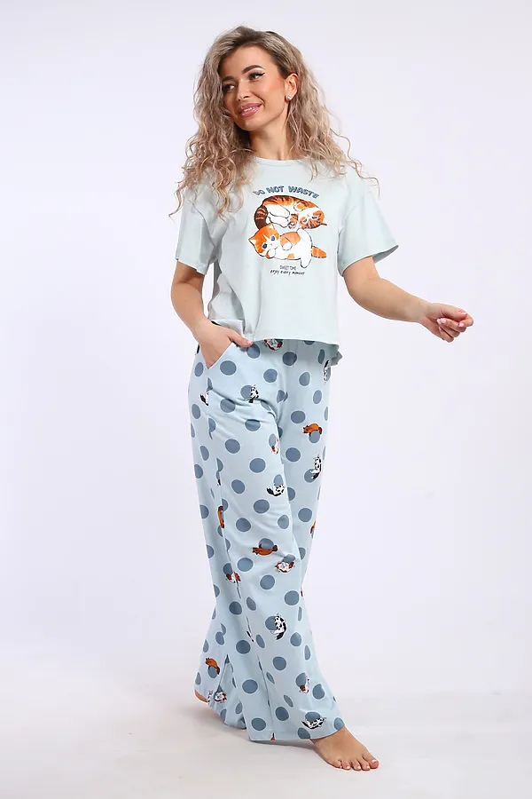 Костюм с брюками арт. КД-00-007 НАТАЛИ, бирюза/котята-горошки - фото 2