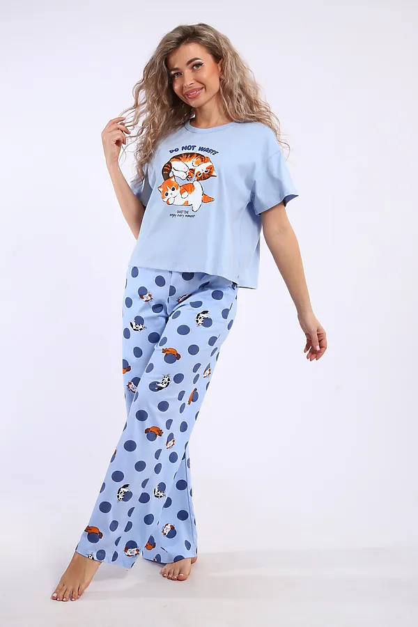 Костюм с брюками арт. КД-00-007 НАТАЛИ, голубой/котята-горошки - фото 2