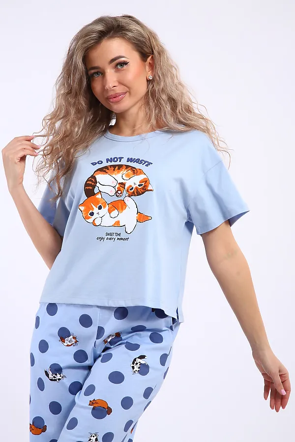 Костюм с брюками арт. КД-00-007 НАТАЛИ, голубой/котята-горошки - фото 2