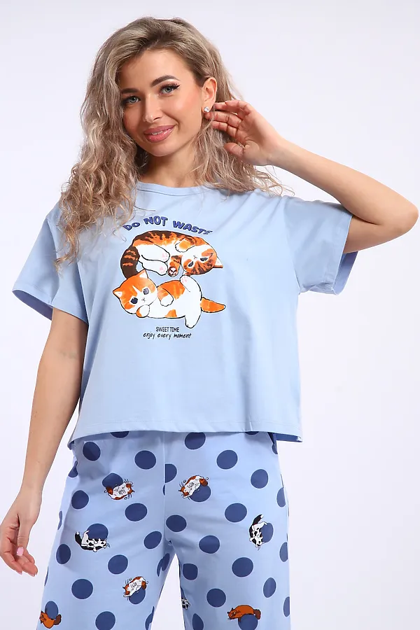 Костюм с брюками арт. КД-00-007 НАТАЛИ, голубой/котята-горошки - фото 2