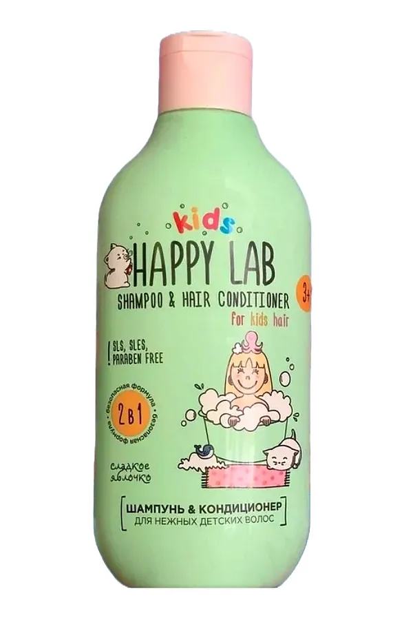 Happy Lab Kids Шампунь-кондиционер 2 в 1 для нежных детских волос, сладкое яблочко, 300 мл KRISTALLER, зелёный - фото 2