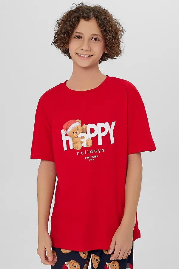 Пижама MARK FORMELLE, красный +праздничные медвежата на синем - фото 2