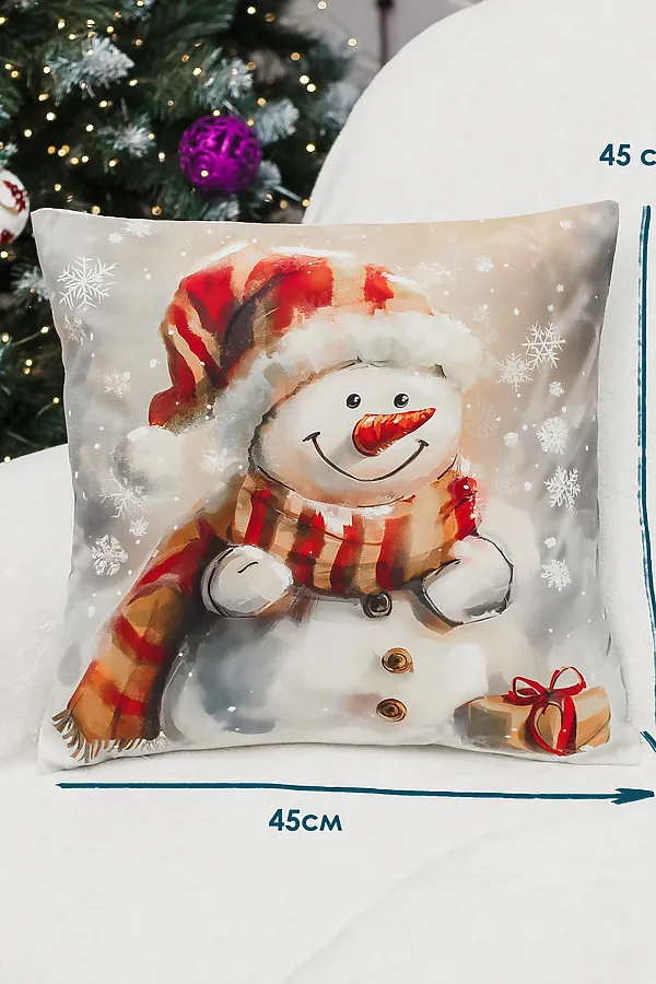 Наволочка декоративная новогодняя 2 шт 3D эффект велюр НАТАЛИ, снеговикивкраснойшапке - фото 2