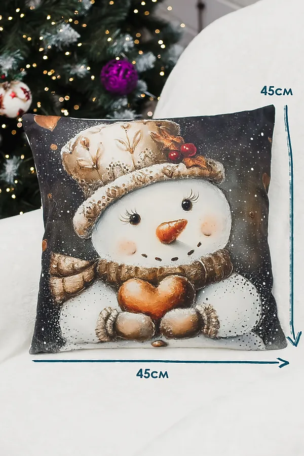 Наволочка декоративная новогодняя 2 шт 3D эффект велюр НАТАЛИ, снеговикиисердце - фото 2