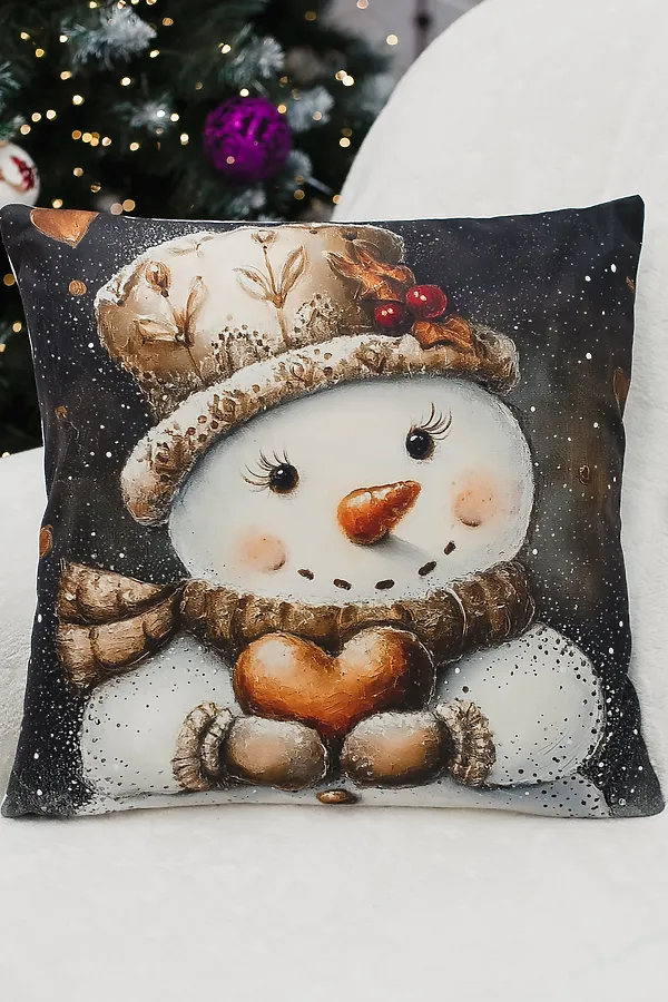 Наволочка декоративная новогодняя 2 шт 3D эффект велюр НАТАЛИ, снеговикиисердце - фото 2