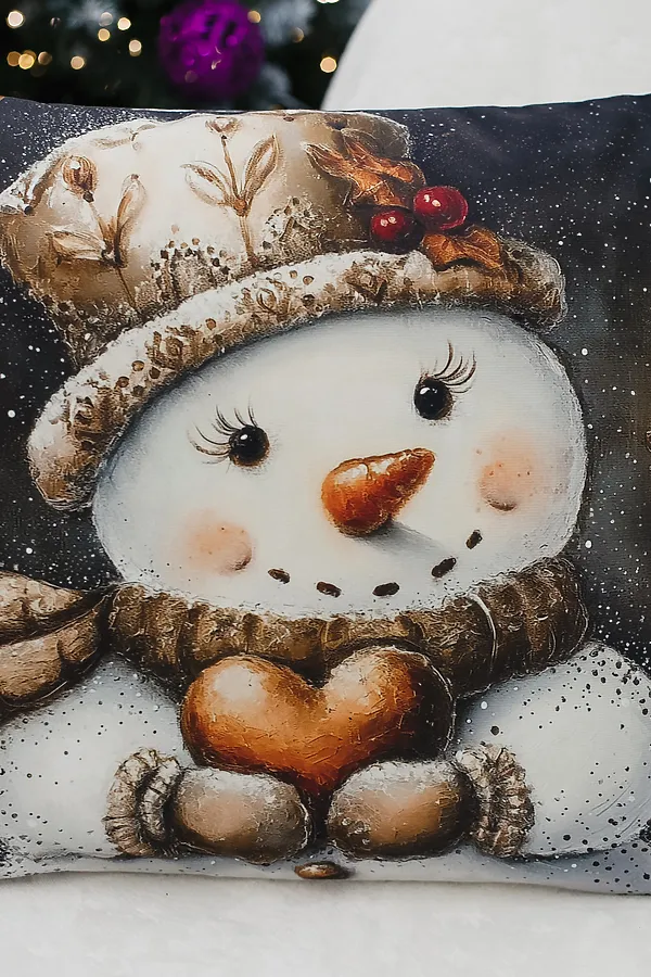 Наволочка декоративная новогодняя 2 шт 3D эффект велюр НАТАЛИ, снеговикиисердце - фото 2