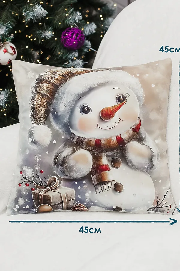 Наволочка декоративная новогодняя 2 шт 3D эффект велюр НАТАЛИ, снеговиксподарками - фото 2