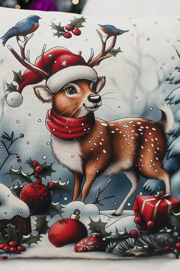 Наволочка декоративная новогодняя 2 шт рогожка НАТАЛИ, оленьшапкаснеговик - фото 2