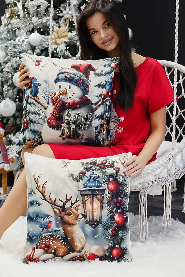 Наволочка декоративная новогодняя 2 шт рогожка НАТАЛИ, оленьфонарьснеговик - фото 2