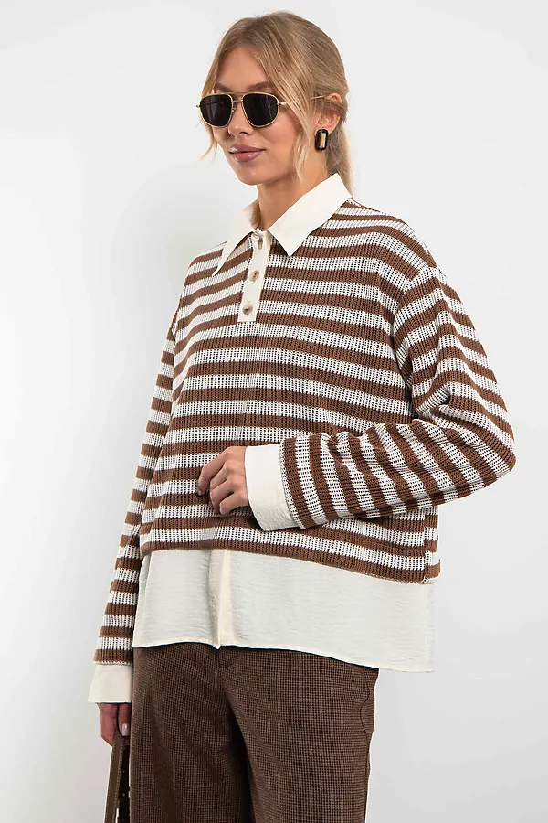 Свитшот-поло KOSMOS, коричневый/молочный - фото 2