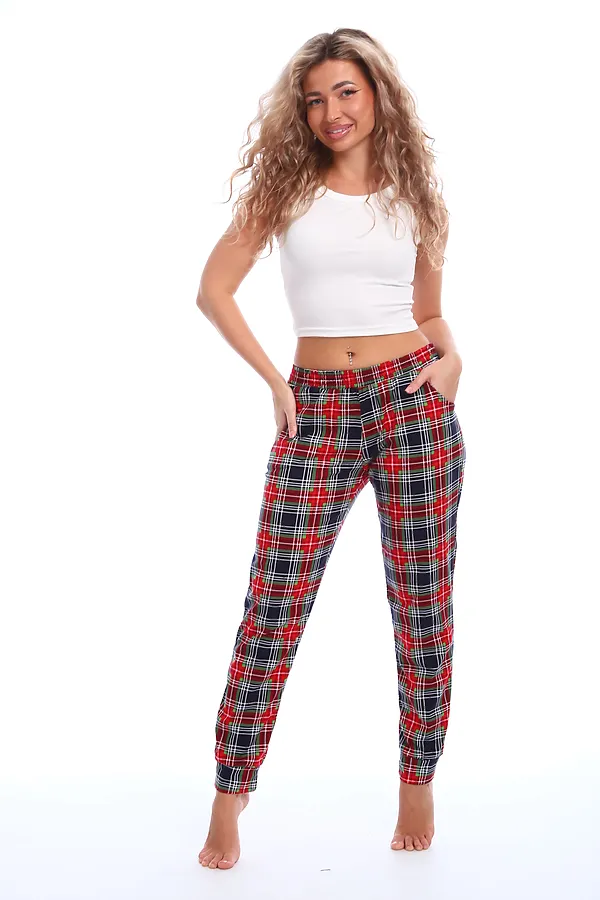 Брюки пижамные в клетку НАТАЛИ, зеленый/красный - фото 2
