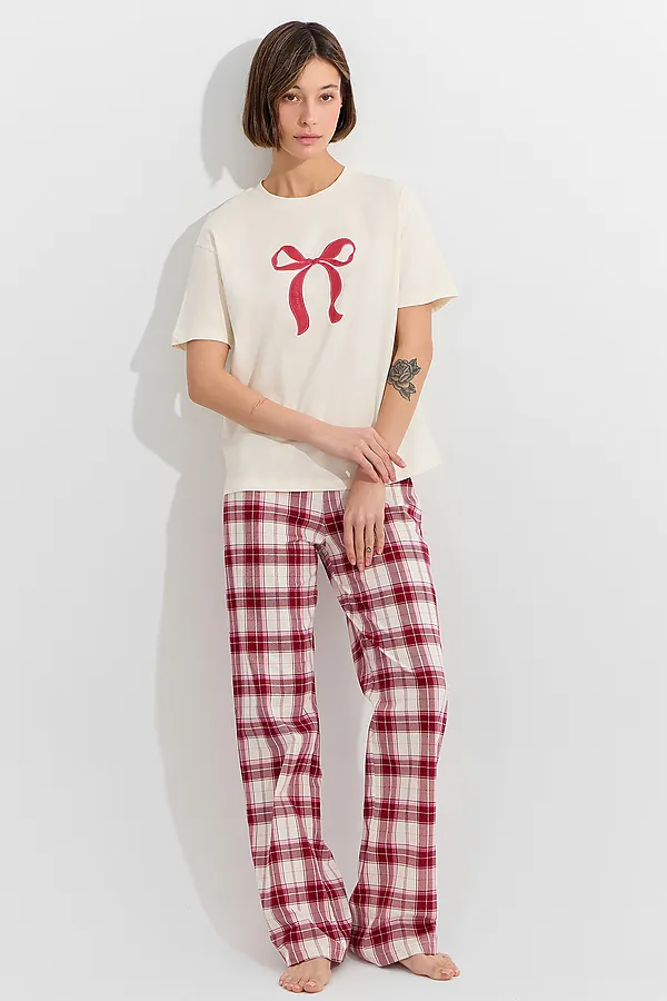 Пижама MARK FORMELLE, молочный +молочно -бордовая клетка - фото 2