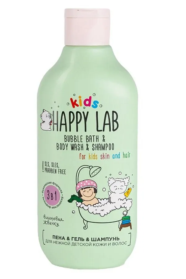 Happy Lab Kids Средство 3 в 1: пена, гель, шампунь 3 в 1 для нежной детской кожи и волос / Вишневая жвачка, 300 мл KRISTALLER, зелёный - фото 2