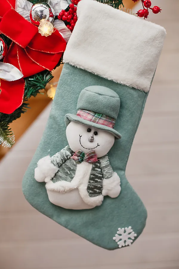 Новогодний носок для подарков зеленый НАТАЛИ, снеговик - фото 2