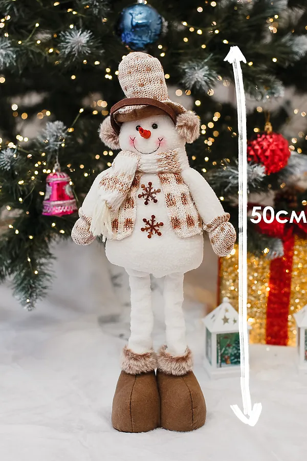 Игрушка новогодняя с выдвижными ногами Снеговик в наушниках в шляпе НАТАЛИ, бежевый - фото 2