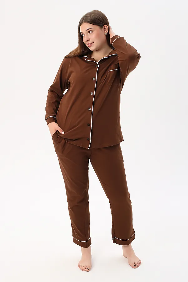 Пижама с брюками на пуговицах больших размеров Однотоннная НАТАЛИ, коричневый - фото 2