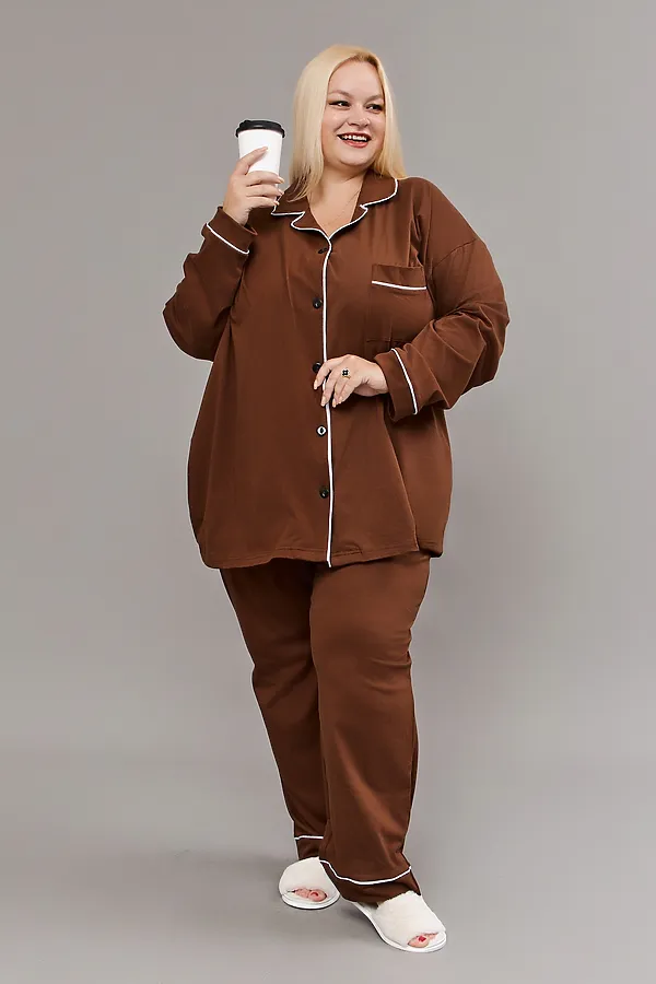 Пижама с брюками на пуговицах больших размеров Однотоннная НАТАЛИ, коричневый - фото 2