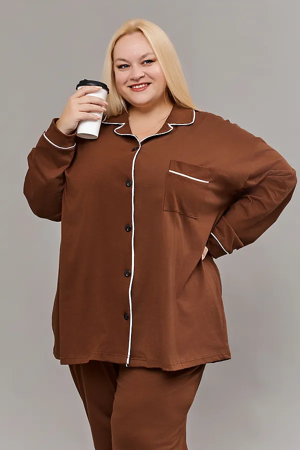 Пижама с брюками на пуговицах больших размеров Однотоннная НАТАЛИ, коричневый - фото 2