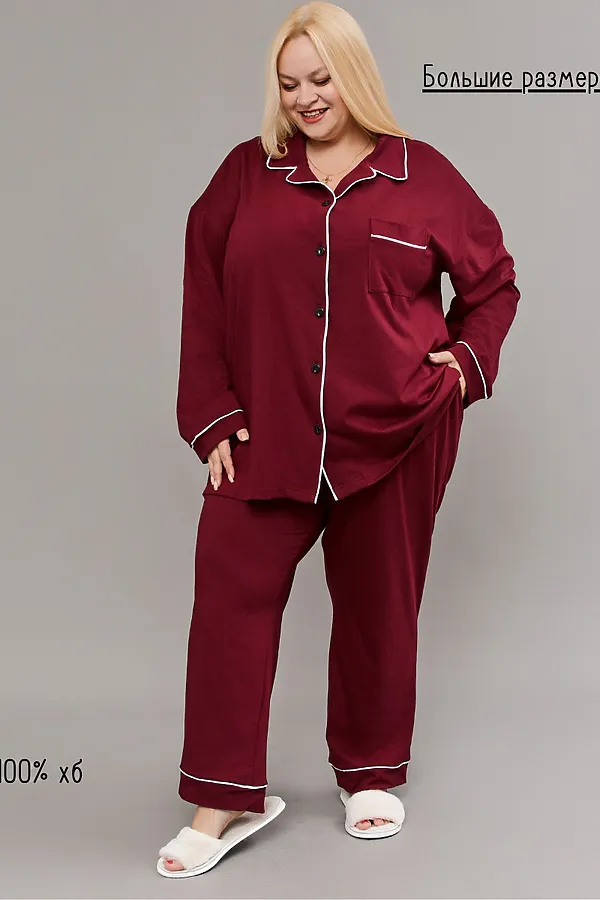 Пижама с брюками на пуговицах больших размеров Однотоннная НАТАЛИ, бордовый - фото 2